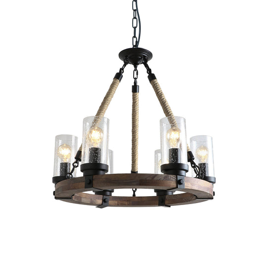 Zora Wagon Wheel Chandelier - Rustic Solid Wood & Hemp Rope Pendant | 6-Light Seeded Glass Island Light