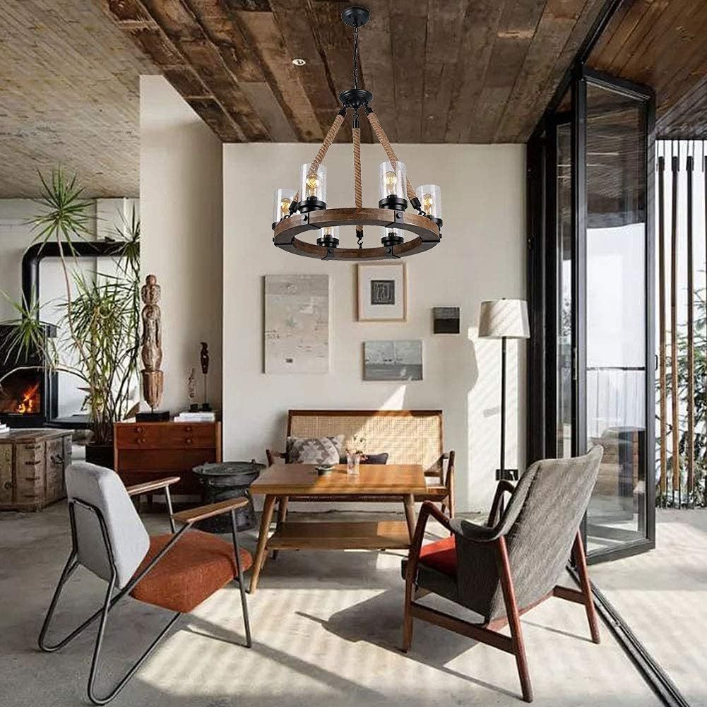 Zora Wagon Wheel Chandelier - Rustic Solid Wood & Hemp Rope Pendant | 6-Light Seeded Glass Island Light