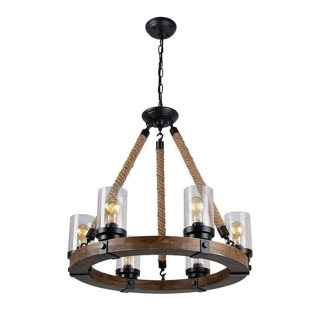 Zora Wagon Wheel Chandelier - Rustic Solid Wood & Hemp Rope Pendant | 6-Light Seeded Glass Island Light