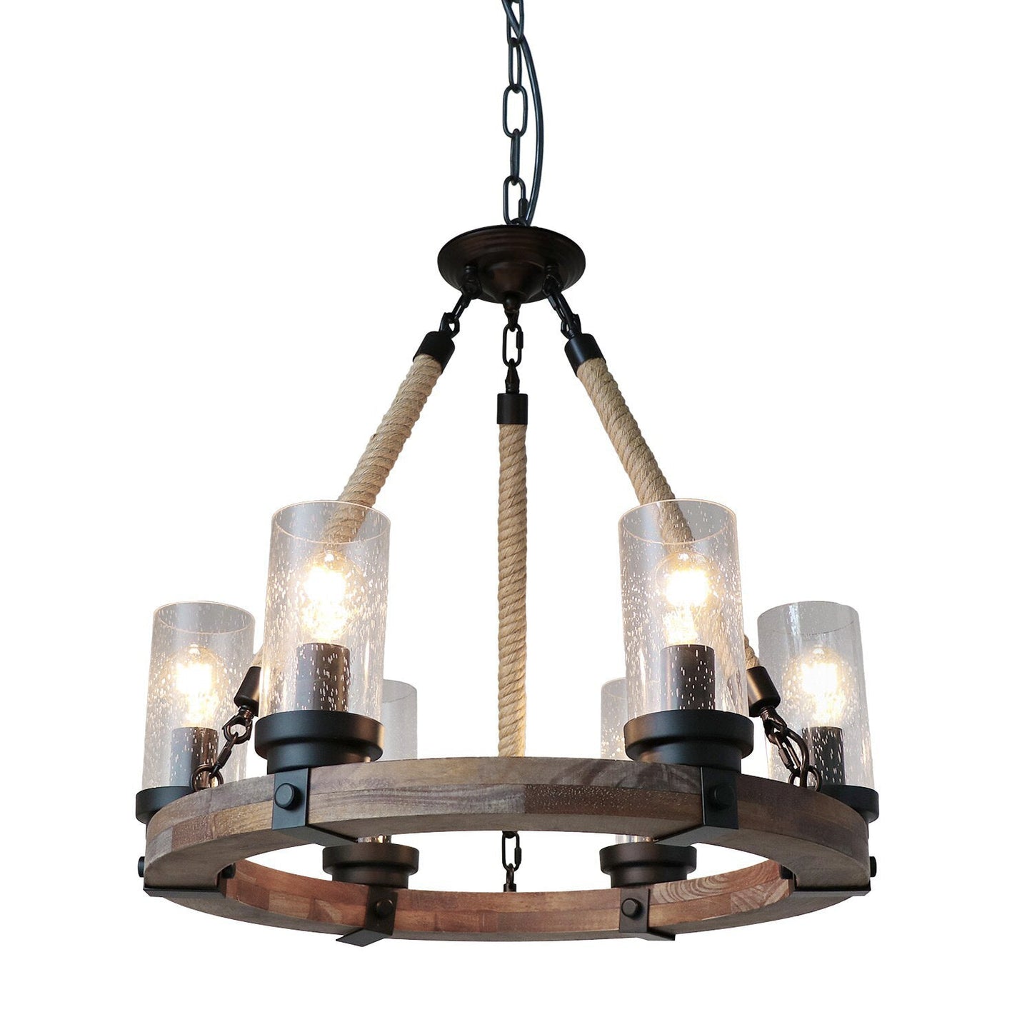 Zora Wagon Wheel Chandelier - Rustic Solid Wood & Hemp Rope Pendant | 6-Light Seeded Glass Island Light