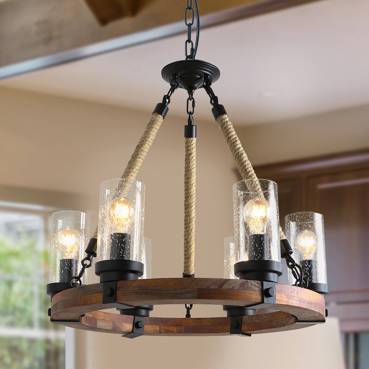 Zora Wagon Wheel Chandelier - Rustic Solid Wood & Hemp Rope Pendant | 6-Light Seeded Glass Island Light