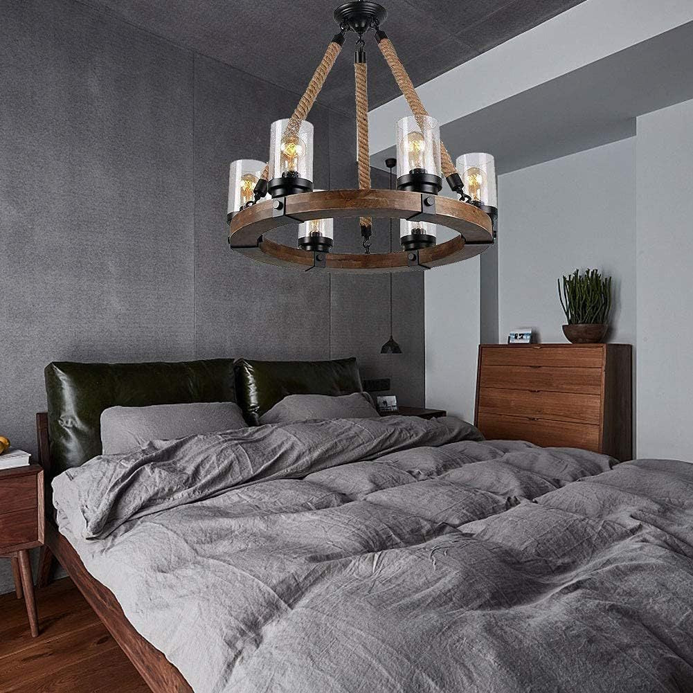 Zora Wagon Wheel Chandelier - Rustic Solid Wood & Hemp Rope Pendant | 6-Light Seeded Glass Island Light
