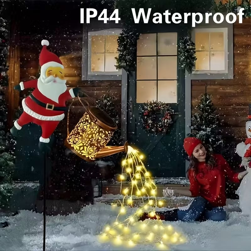 Christmas Solar Santa Kettle Light & Lantern Garden Decor Collection - Waterproof LED Watering Can & Lantern Stake