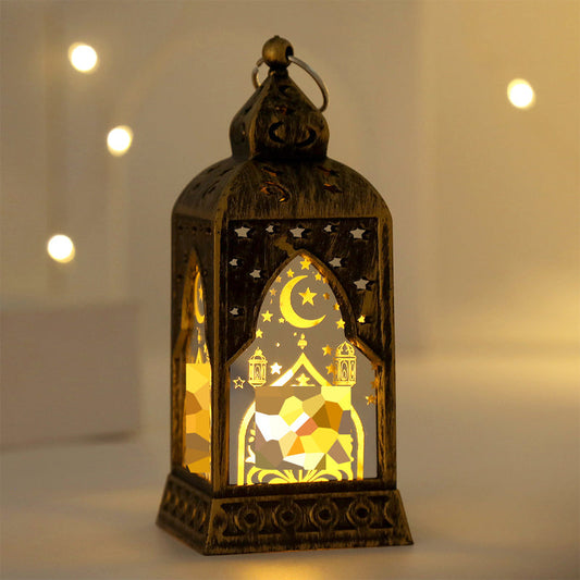 LED Ramadan Lantern Decorations - Traditional Arabic Eid Tabletop Light | Hanging Candle Sconce Party Centerpiece | Gold & Bronze