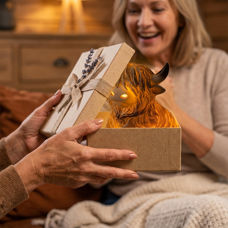 The Cozy Highland Glow Lamp - Handmade Resin Highland Cow Tabletop Light | Farmhouse Nursery Bedside Night-Light | Warm Yellow Accent Sconce