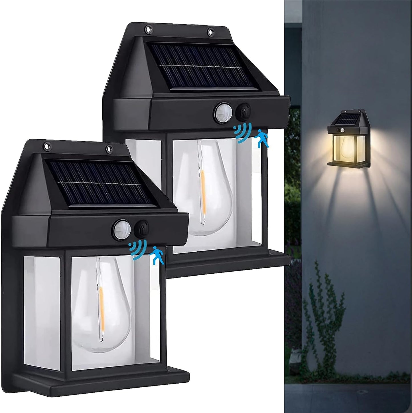 New Outdoor Solar Power Lamp - Warm Tungsten Filament Motion Sensor Sconce | IP65 Waterproof Wall Light | Black & White