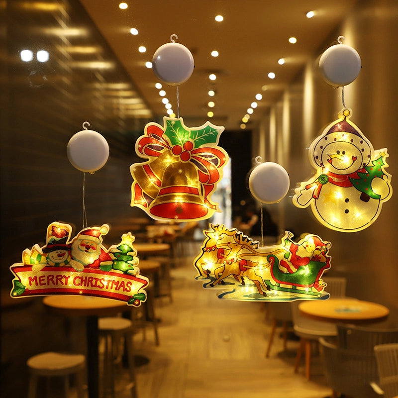 Christmas Window Hanging Lights - LED Silhouette Acrylic Battery Operated Sconce | Holiday Window Pendant Light | Santa, Reindeer & Star