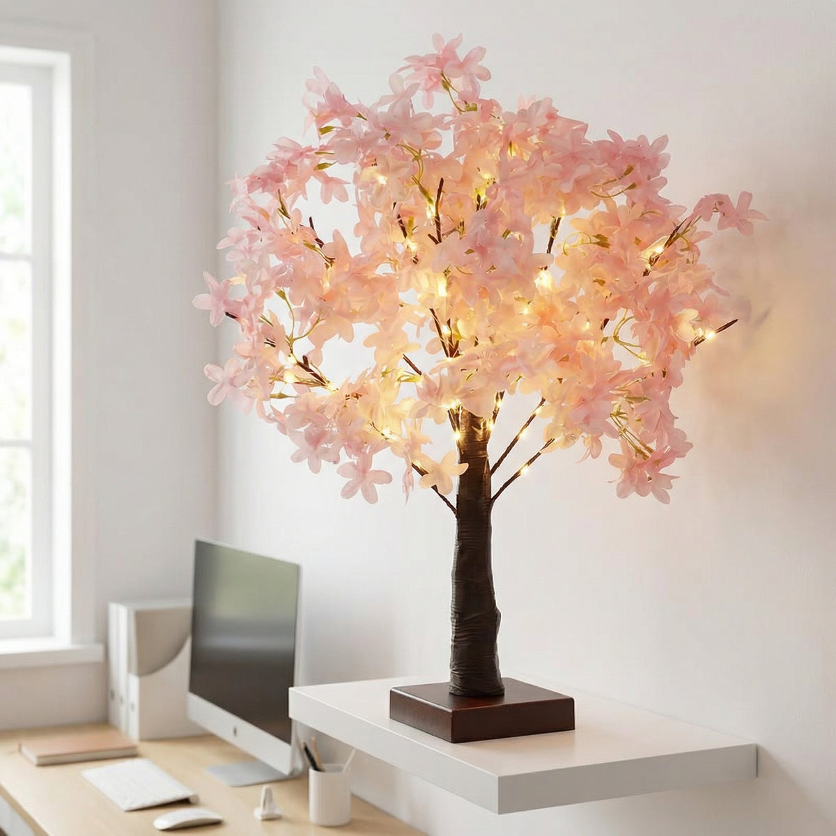 Pink Cherry Blossom Tree Lamp – Battery-Powered Warm LED Floral Accent Light