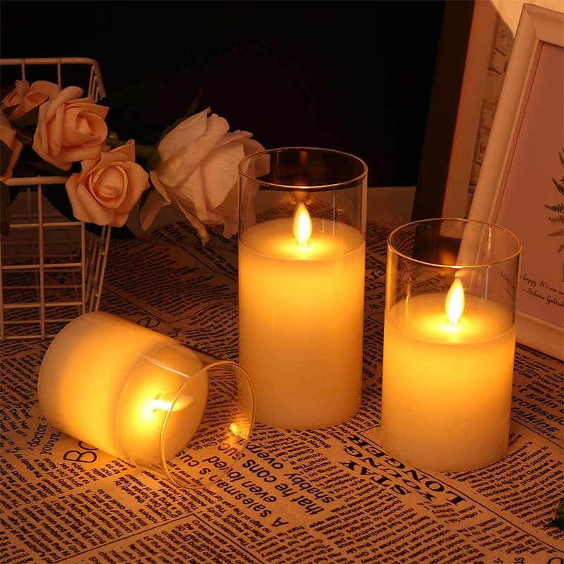 Flickering Flameless LED Candles with Glass Holder - Real Wax Remote Control Pillars | Moving Wick Amber Landscape Lights