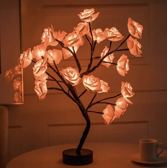 Forever Rose Tree Lamp - LED Tabletop Lighted Bonsai Sconce | Romantic Handmade Bedside Night-Light | Whimsical Holiday Gift