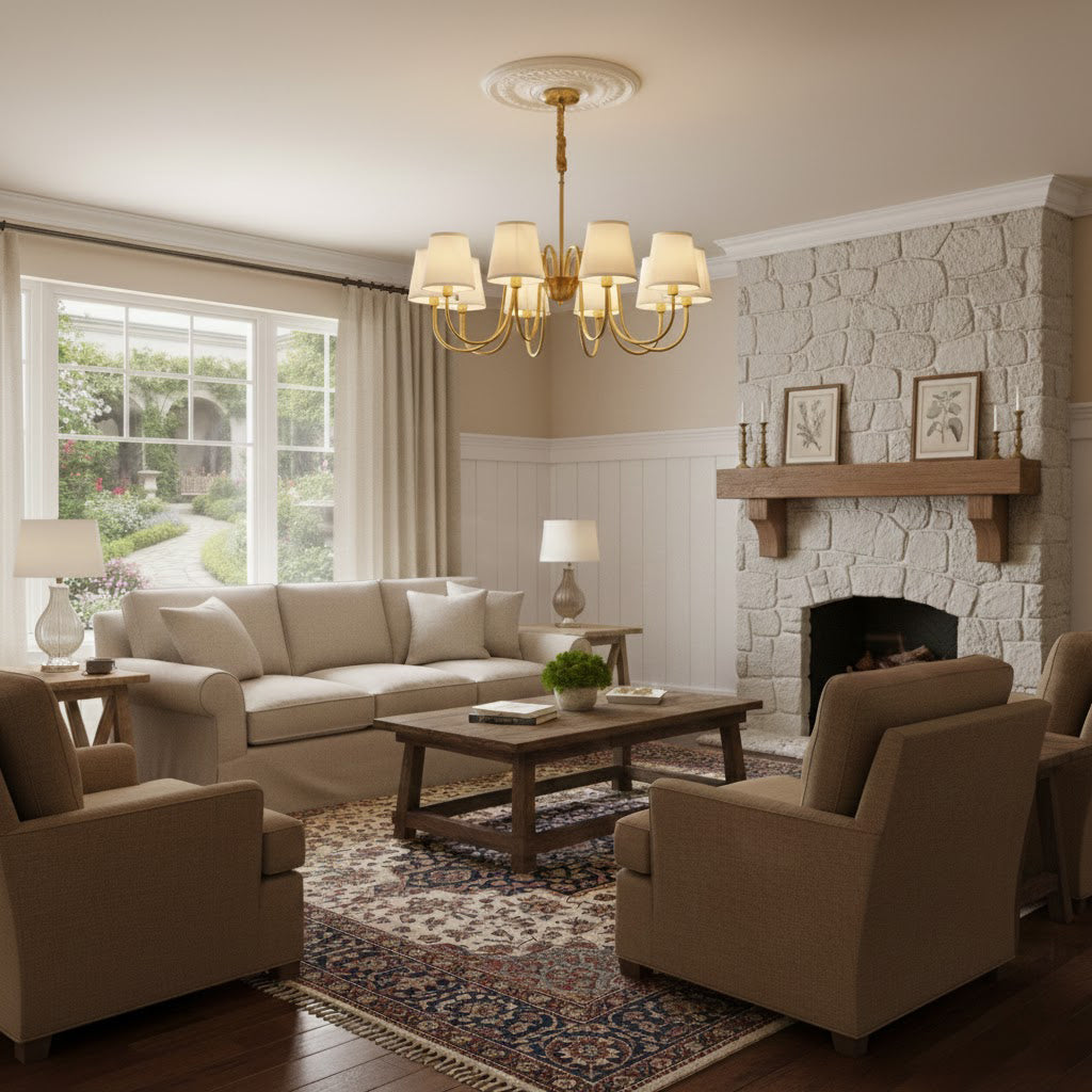 Aged Stacey Chandelier – Transitional Brass & Tailored Linen Shade Candelabra Chandelier