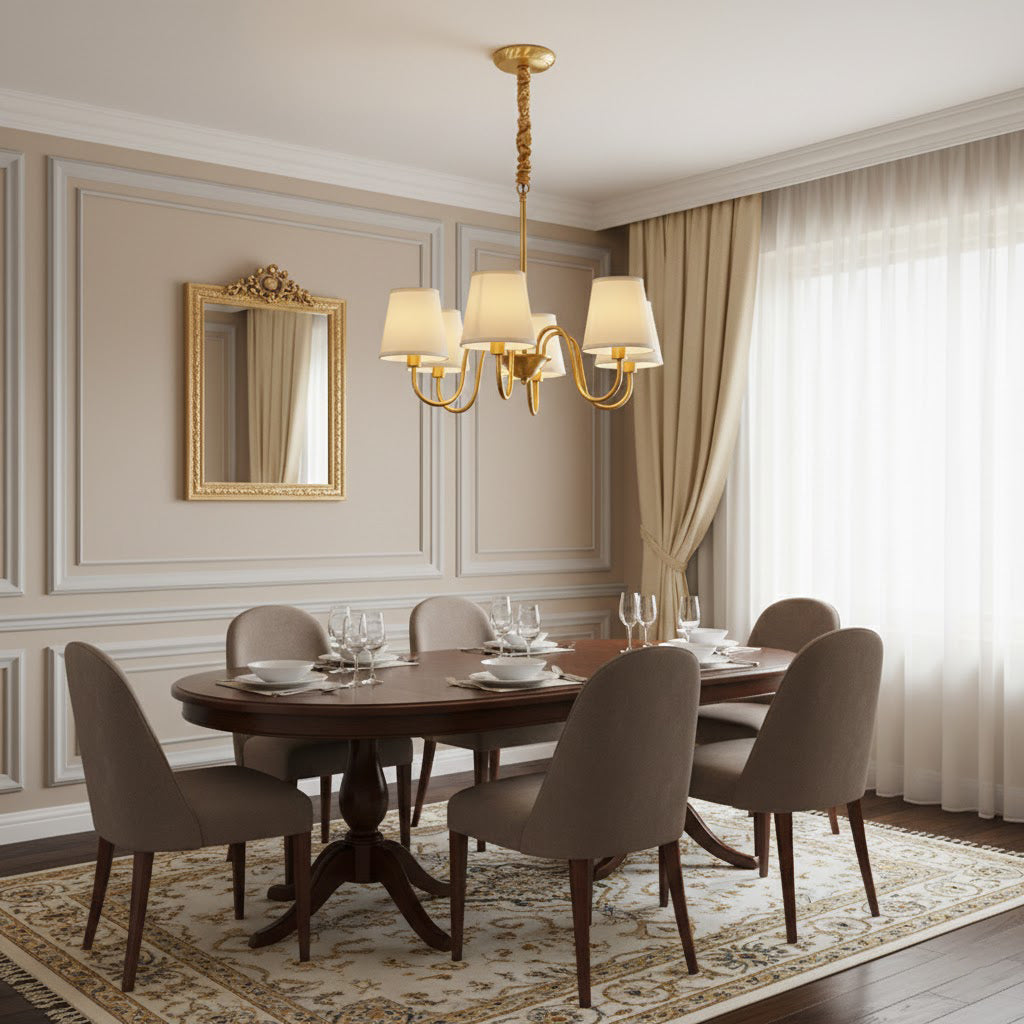 Aged Stacey Chandelier – Transitional Brass & Tailored Linen Shade Candelabra Chandelier