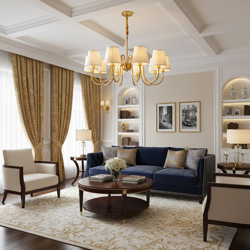 Aged Stacey Chandelier – Transitional Brass & Tailored Linen Shade Candelabra Chandelier