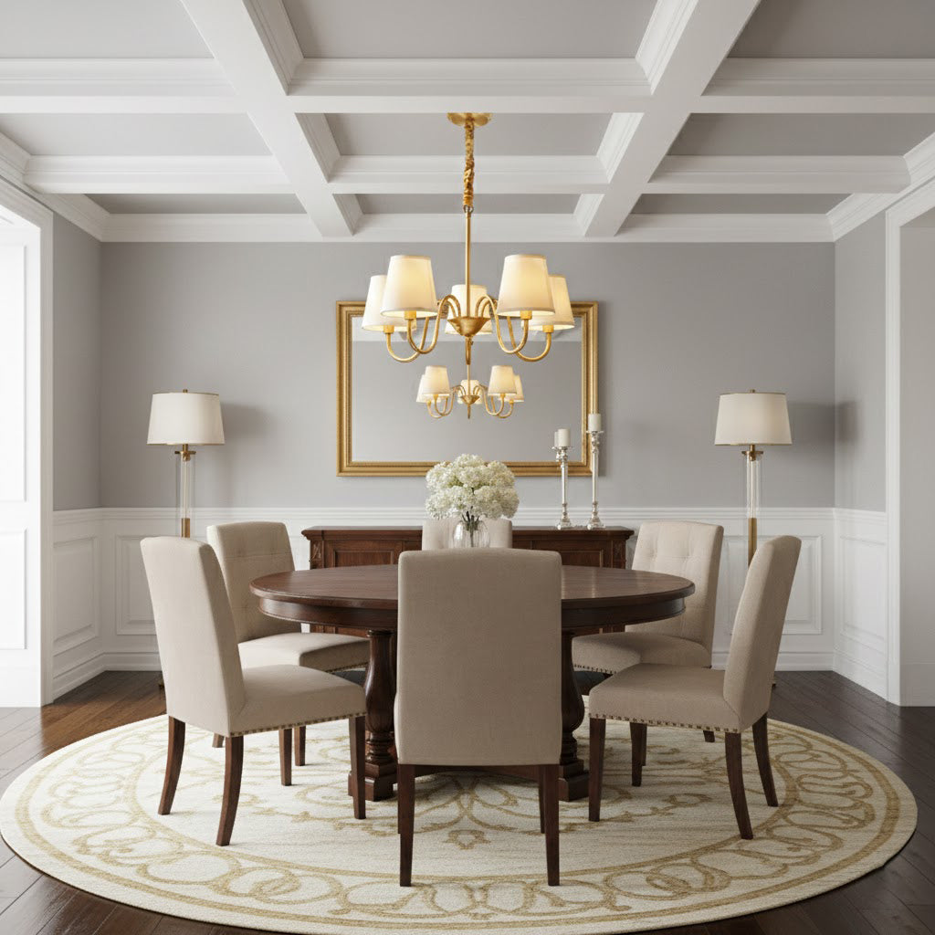 Aged Stacey Chandelier – Transitional Brass & Tailored Linen Shade Candelabra Chandelier