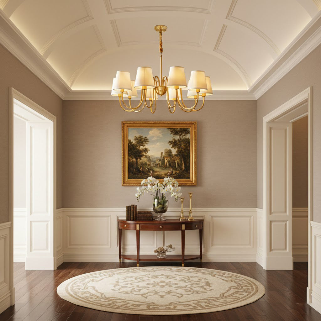 Aged Stacey Chandelier – Transitional Brass & Tailored Linen Shade Candelabra Chandelier