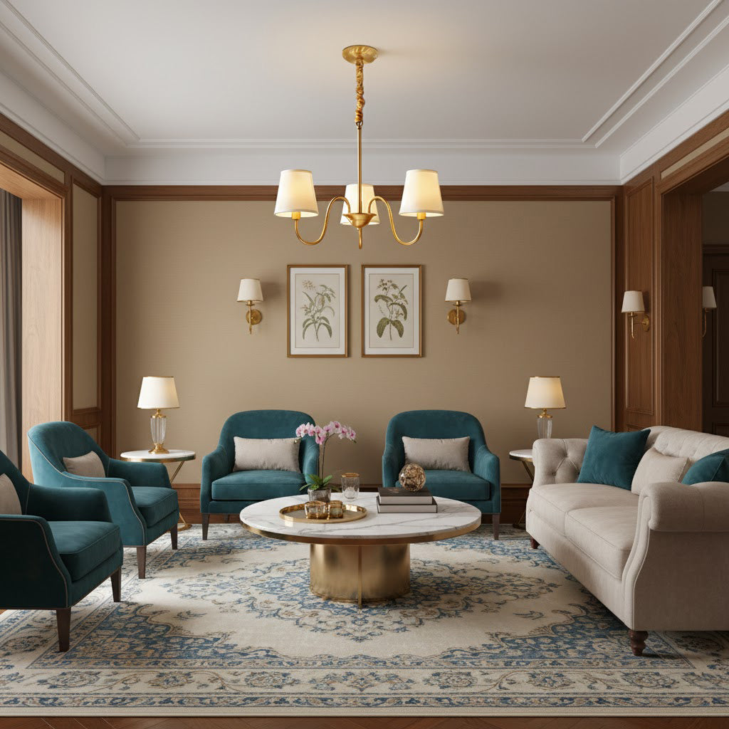 Aged Stacey Chandelier – Transitional Brass & Tailored Linen Shade Candelabra Chandelier