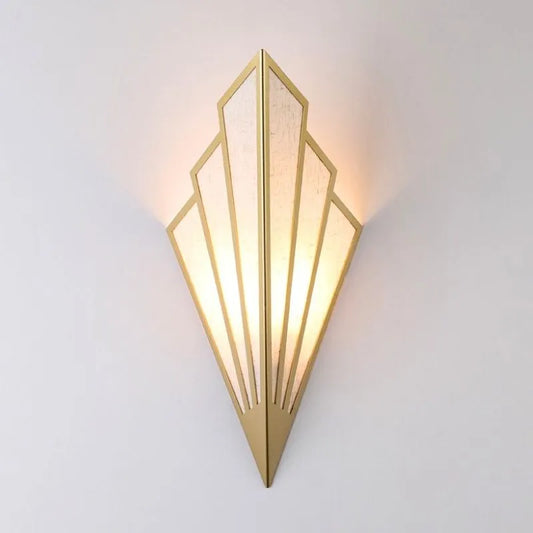 Art Deco Steampunk Lamp - Geometric Brass Fan Frame & Textured Linen Wall Sconce