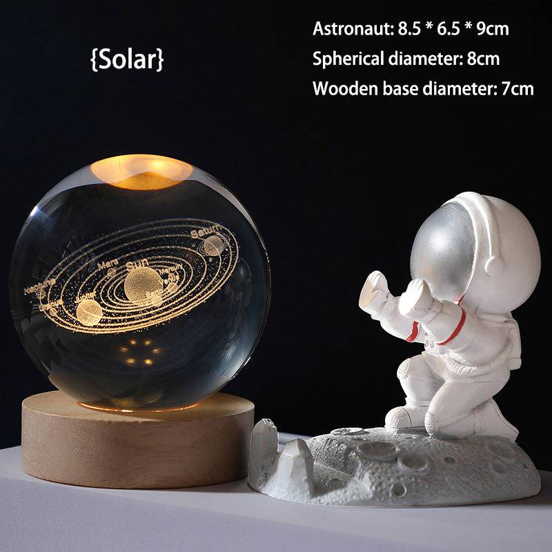 3D Crystal Ball Night Light - Laser Engraved K9 Solar System & Galaxy Sphere | LED Wooden Base Bedside Sconce
