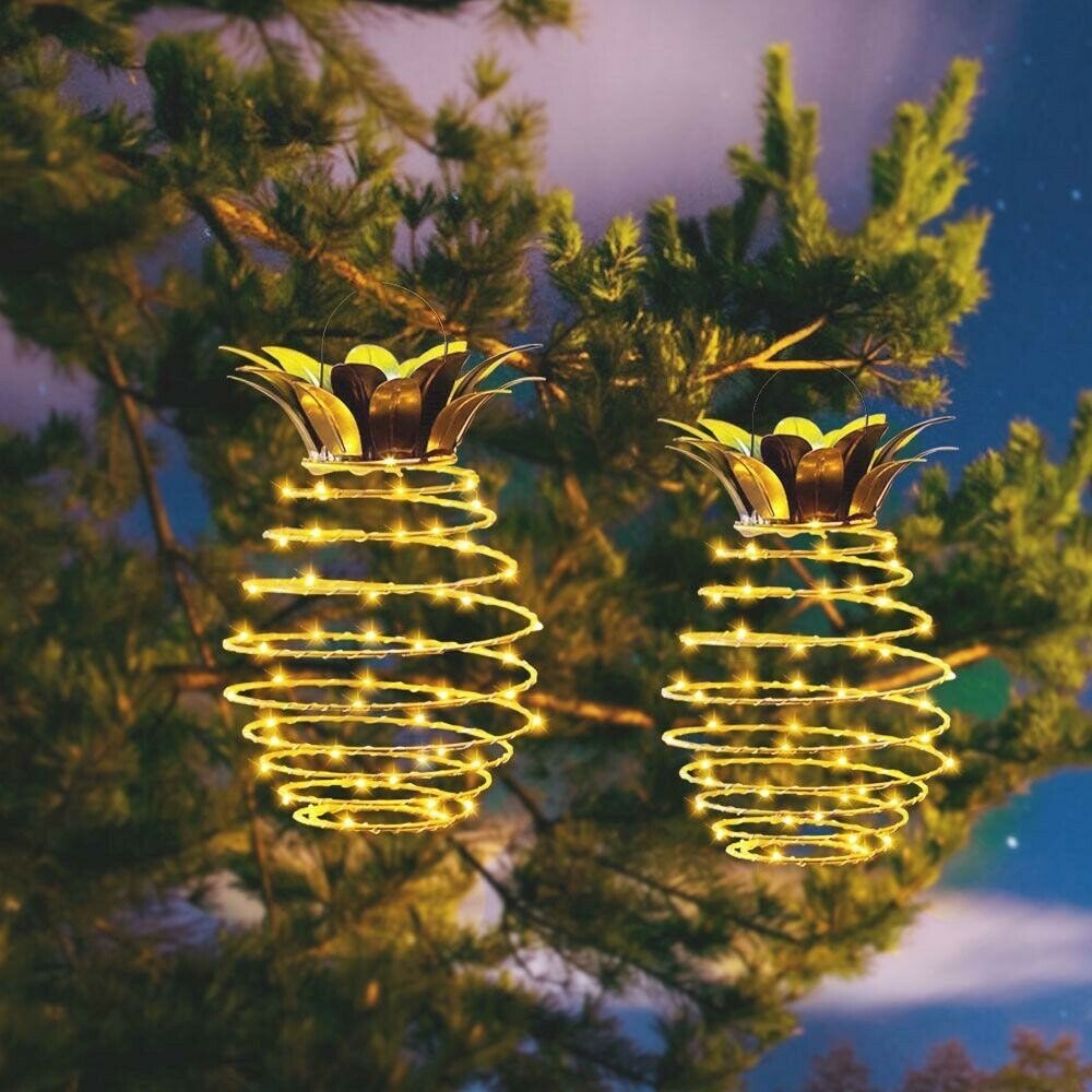 2 Pack 20 LED Solar Pineapple Lamps - Outdoor Hanging Lantern & Wall Sconce | IP65 Waterproof Warm White Fairy Lights