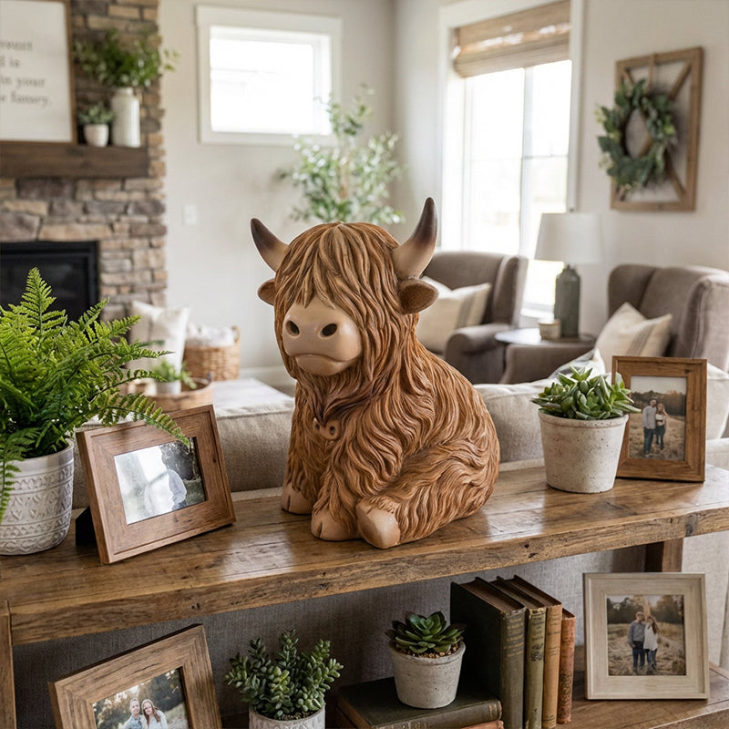 The Cozy Highland Glow Lamp - Handmade Resin Highland Cow Tabletop Light | Farmhouse Nursery Bedside Night-Light | Warm Yellow Accent Sconce