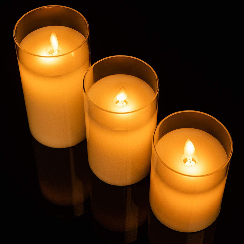 Flickering Flameless LED Candles with Glass Holder - Real Wax Remote Control Pillars | Moving Wick Amber Landscape Lights