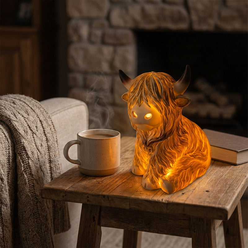 The Cozy Highland Glow Lamp - Handmade Resin Highland Cow Tabletop Light | Farmhouse Nursery Bedside Night-Light | Warm Yellow Accent Sconce
