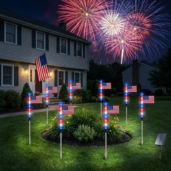 8 Solar American Flag Pathway Lights - Red White & Blue LED Yard Stake Set | IP65 Waterproof 250th Independence Day Outdoor Decor