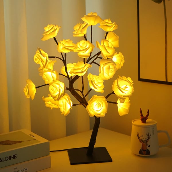 Forever Rose Tree Lamp - LED Tabletop Lighted Bonsai Sconce | Romantic Handmade Bedside Night-Light | Whimsical Holiday Gift