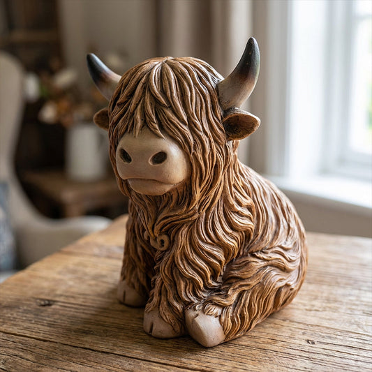 The Cozy Highland Glow Lamp - Handmade Resin Highland Cow Tabletop Light | Farmhouse Nursery Bedside Night-Light | Warm Yellow Accent Sconce