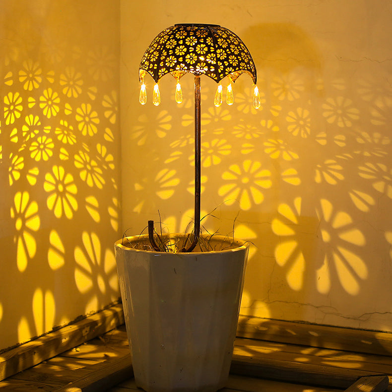 Umbrella Shaped Solar Light Garden Decor - Retro Cutout Metal Landscape Lamp | IP-Rated Waterproof Patio Sconce | Warm White