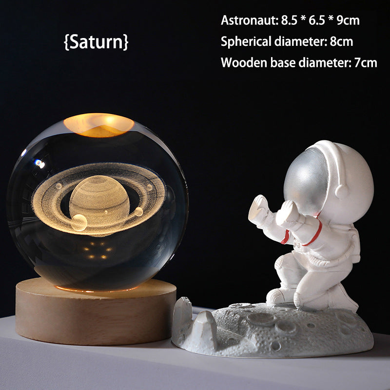 3D Crystal Ball Night Light - Laser Engraved K9 Solar System & Galaxy Sphere | LED Wooden Base Bedside Sconce