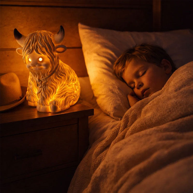 The Cozy Highland Glow Lamp - Handmade Resin Highland Cow Tabletop Light | Farmhouse Nursery Bedside Night-Light | Warm Yellow Accent Sconce