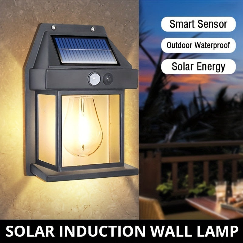 New Outdoor Solar Power Lamp - Warm Tungsten Filament Motion Sensor Sconce | IP65 Waterproof Wall Light | Black & White