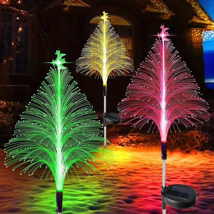 7 Color Changing Solar Christmas Tree Lights - Fiber Optic Outdoor Stake Sconce | IP65 Waterproof Holiday Garden Pathway Light