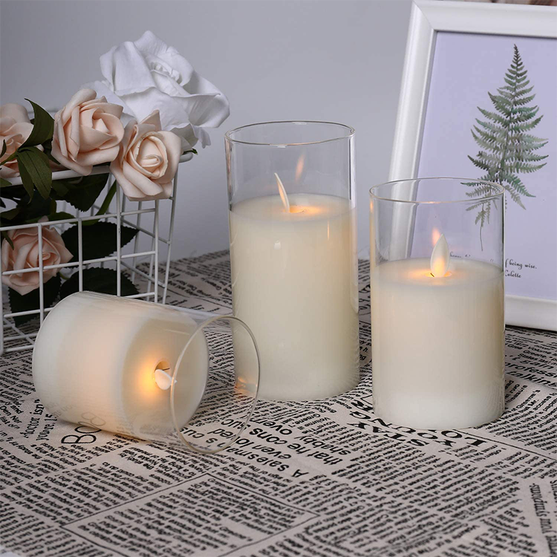 Flickering Flameless LED Candles with Glass Holder - Real Wax Remote Control Pillars | Moving Wick Amber Landscape Lights