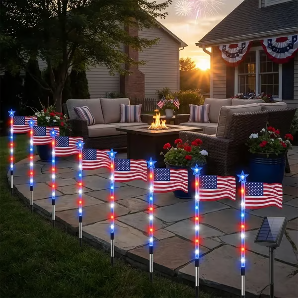 8 Solar American Flag Pathway Lights - Red White & Blue LED Yard Stake Set | IP65 Waterproof 250th Independence Day Outdoor Decor