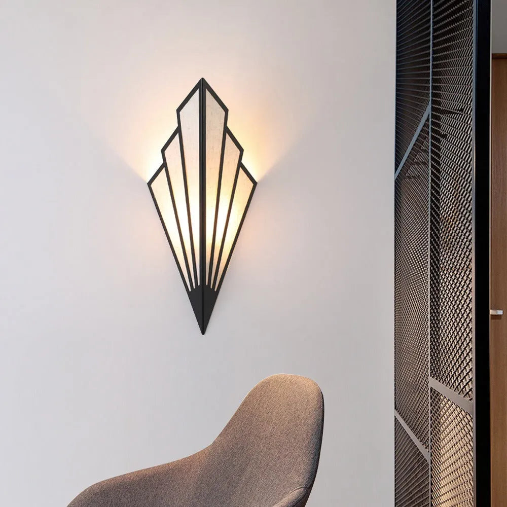 Art Deco Steampunk Lamp - Geometric Brass Fan Frame & Textured Linen Wall Sconce