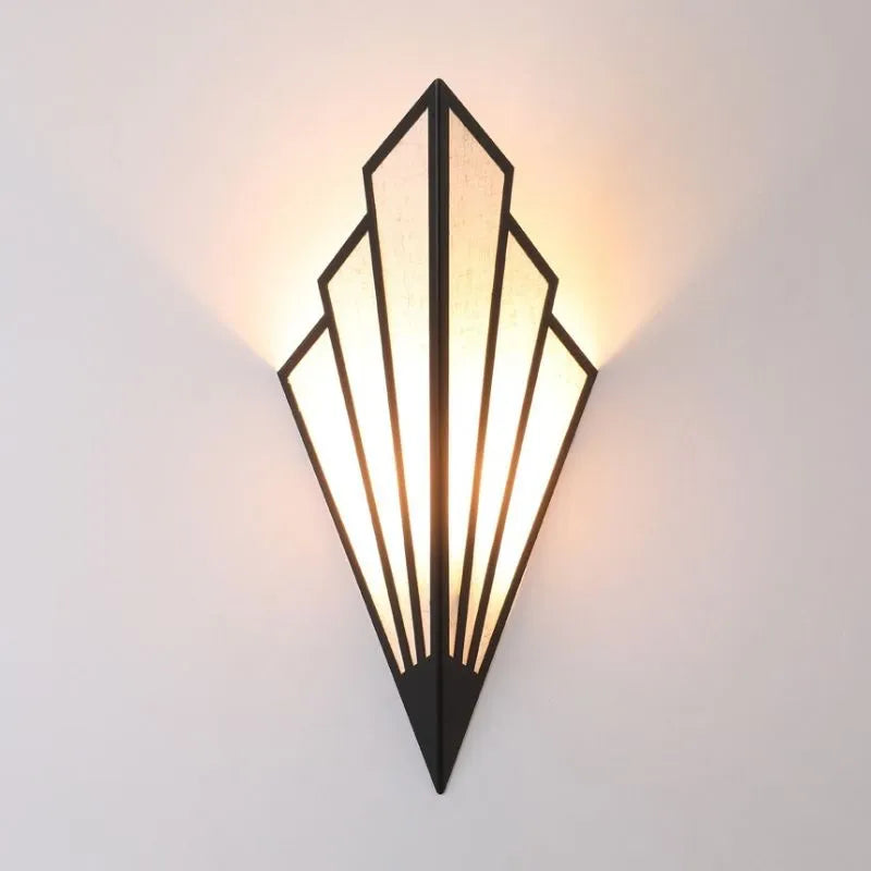Art Deco Steampunk Lamp - Geometric Brass Fan Frame & Textured Linen Wall Sconce