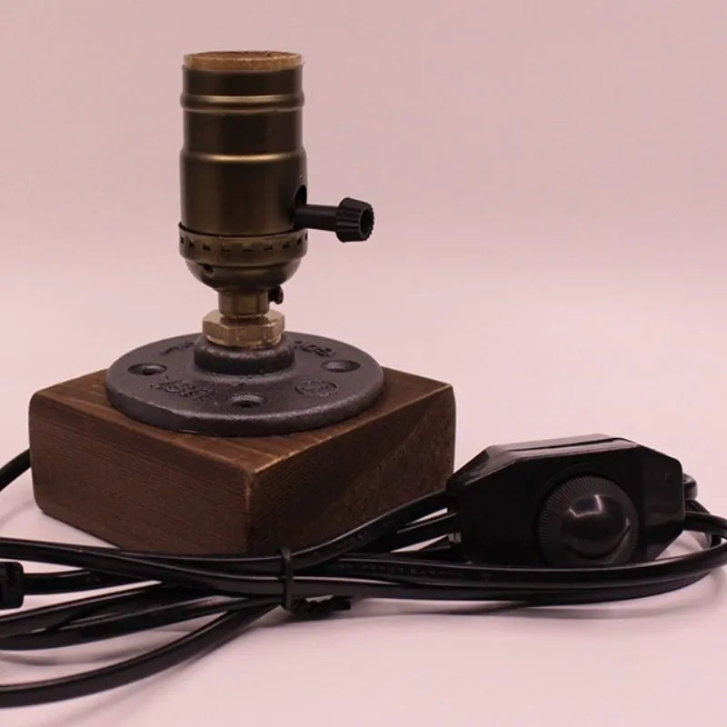 Steampunk Industrial Wooden Block Table Lamp - Solid Wood Base & Antique Brass Edison Desk Lamp