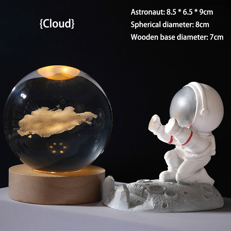 3D Crystal Ball Night Light - Laser Engraved K9 Solar System & Galaxy Sphere | LED Wooden Base Bedside Sconce