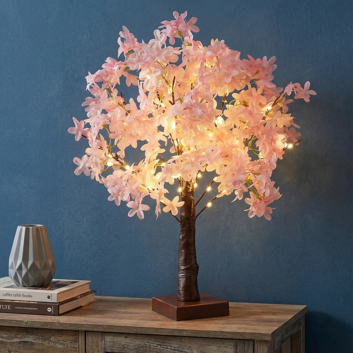 Pink Cherry Blossom Tree Lamp – Battery-Powered Warm LED Floral Accent Light