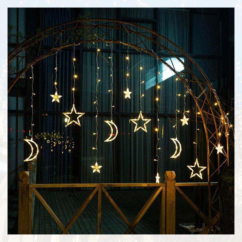 LED Solar Garden Ambient Light - Waterproof Star & Moon Curtain Garland | Smart Remote Control Patio String Lights | Warm White & RGB