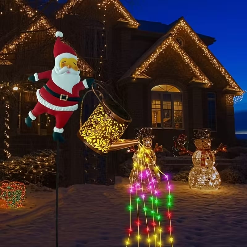 Christmas Solar Santa Kettle Light & Lantern Garden Decor Collection - Waterproof LED Watering Can & Lantern Stake