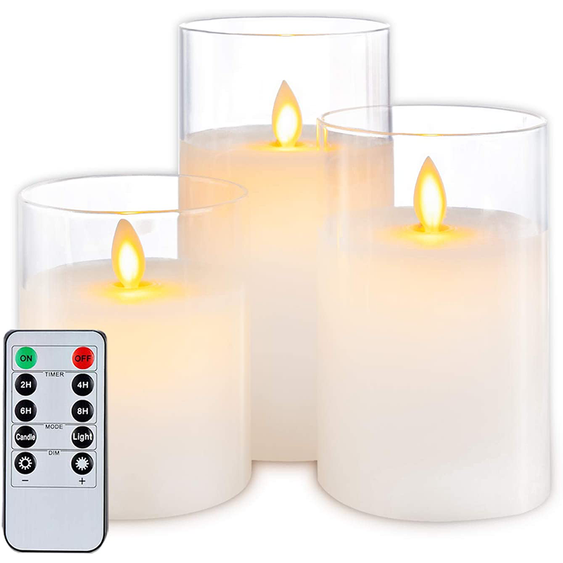 Flickering Flameless LED Candles with Glass Holder - Real Wax Remote Control Pillars | Moving Wick Amber Landscape Lights