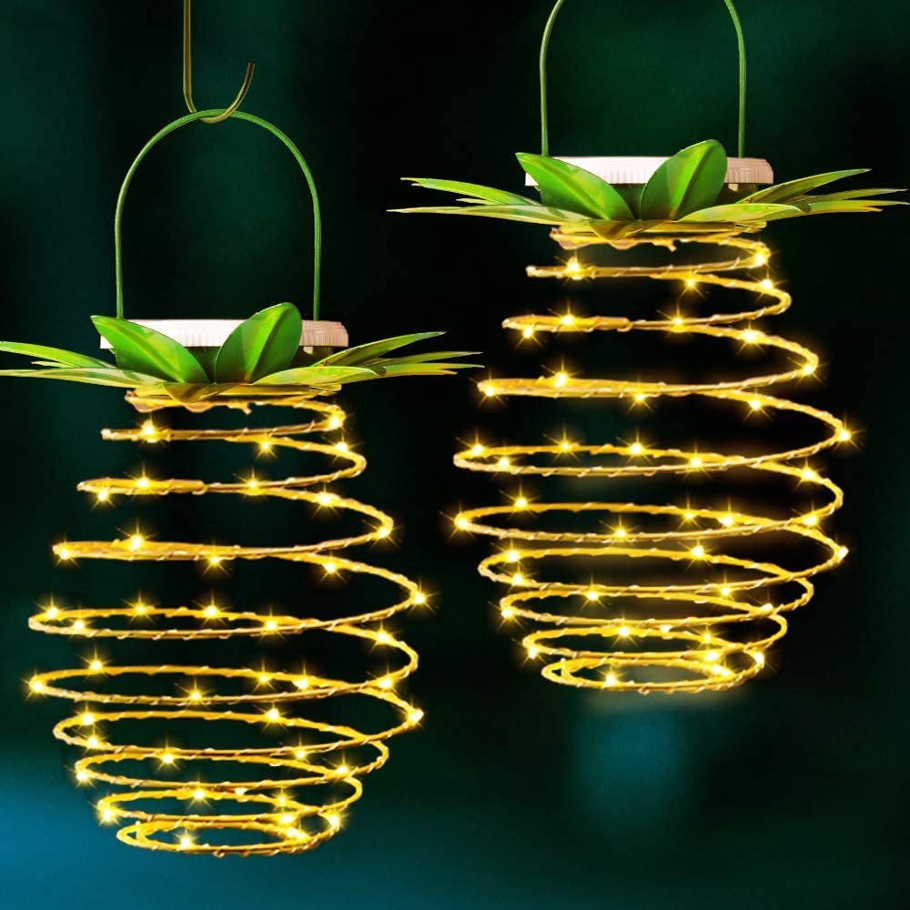 2 Pack 20 LED Solar Pineapple Lamps - Outdoor Hanging Lantern & Wall Sconce | IP65 Waterproof Warm White Fairy Lights