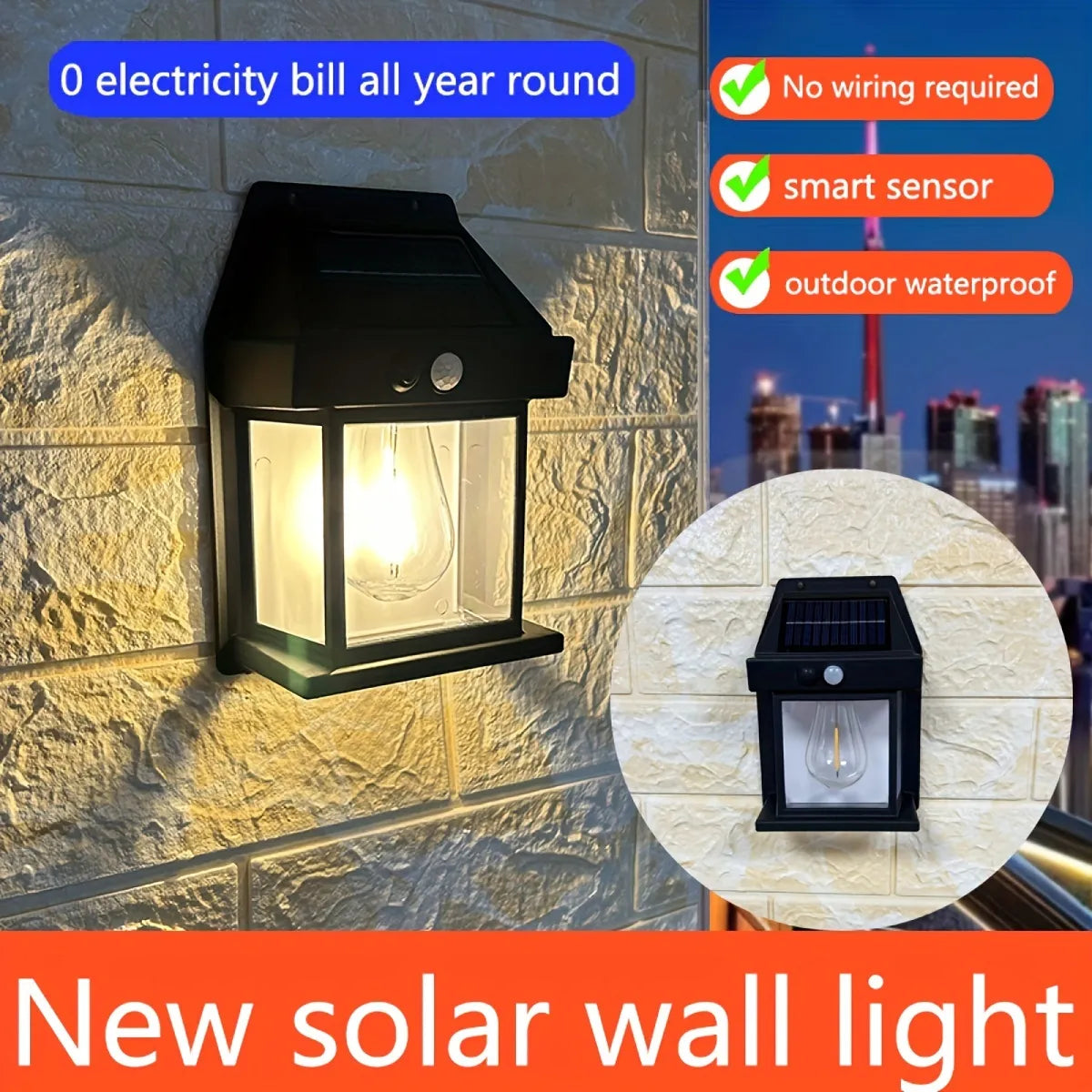 New Outdoor Solar Power Lamp - Warm Tungsten Filament Motion Sensor Sconce | IP65 Waterproof Wall Light | Black & White
