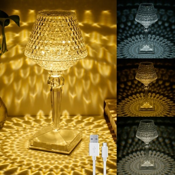 Crystal Diamond Table Lamp - Rechargeable LED Cordless Bedside Sconce | Touch Control Dimming Nightstand Light | Clear Acrylic