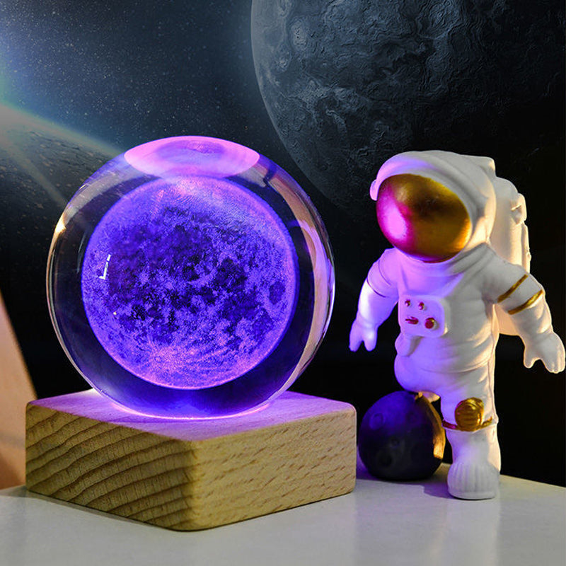 3D Crystal Ball Night Light - Laser Engraved K9 Solar System & Galaxy Sphere | LED Wooden Base Bedside Sconce