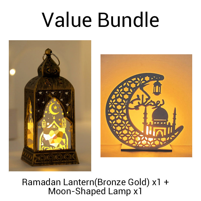 LED Ramadan Lantern Decorations - Traditional Arabic Eid Tabletop Light | Hanging Candle Sconce Party Centerpiece | Gold & Bronze