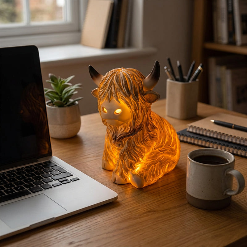 The Cozy Highland Glow Lamp - Handmade Resin Highland Cow Tabletop Light | Farmhouse Nursery Bedside Night-Light | Warm Yellow Accent Sconce